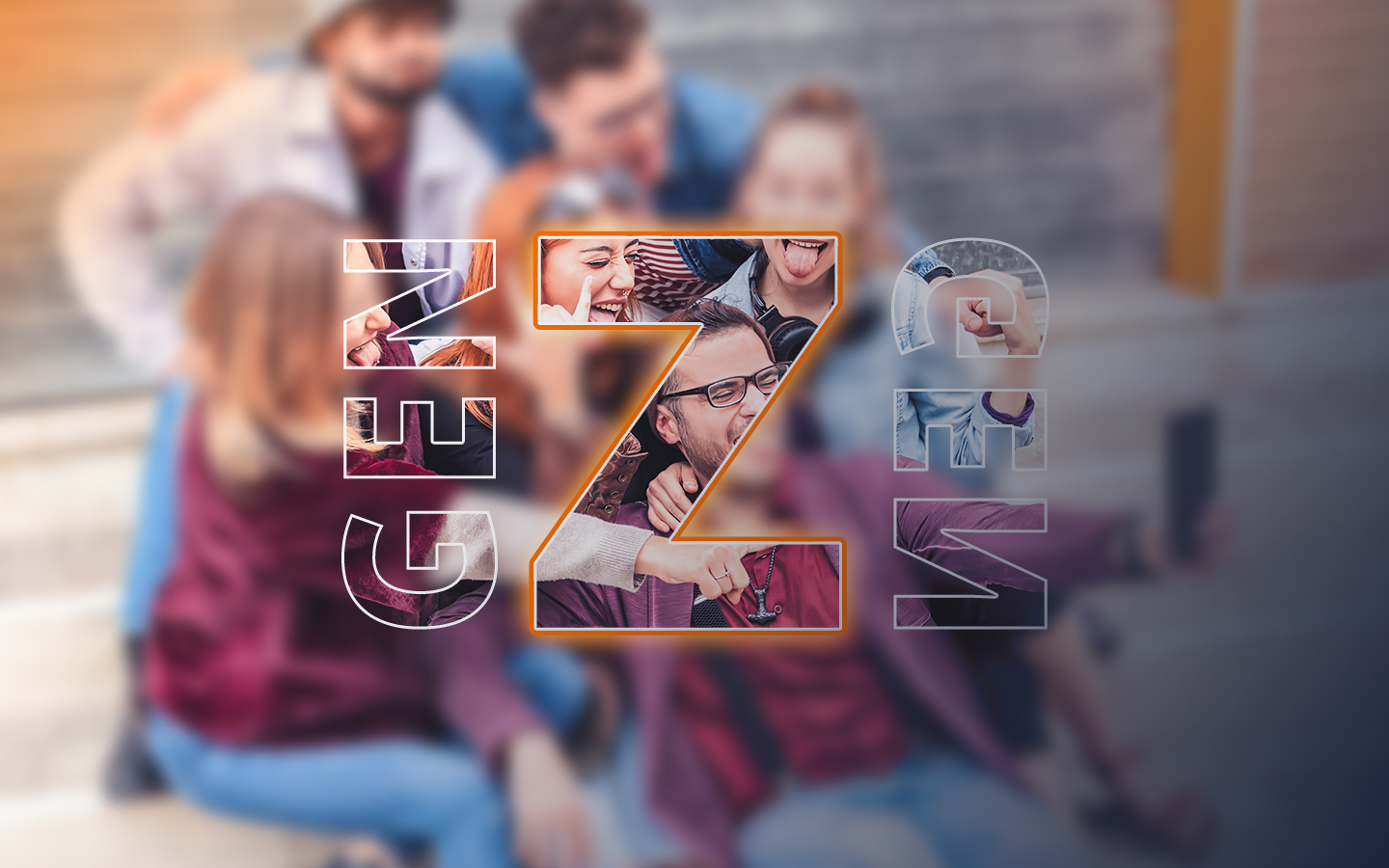 Verschwommenes Bild einer Gruppe junger Menschen, Aufschrift Gen Z