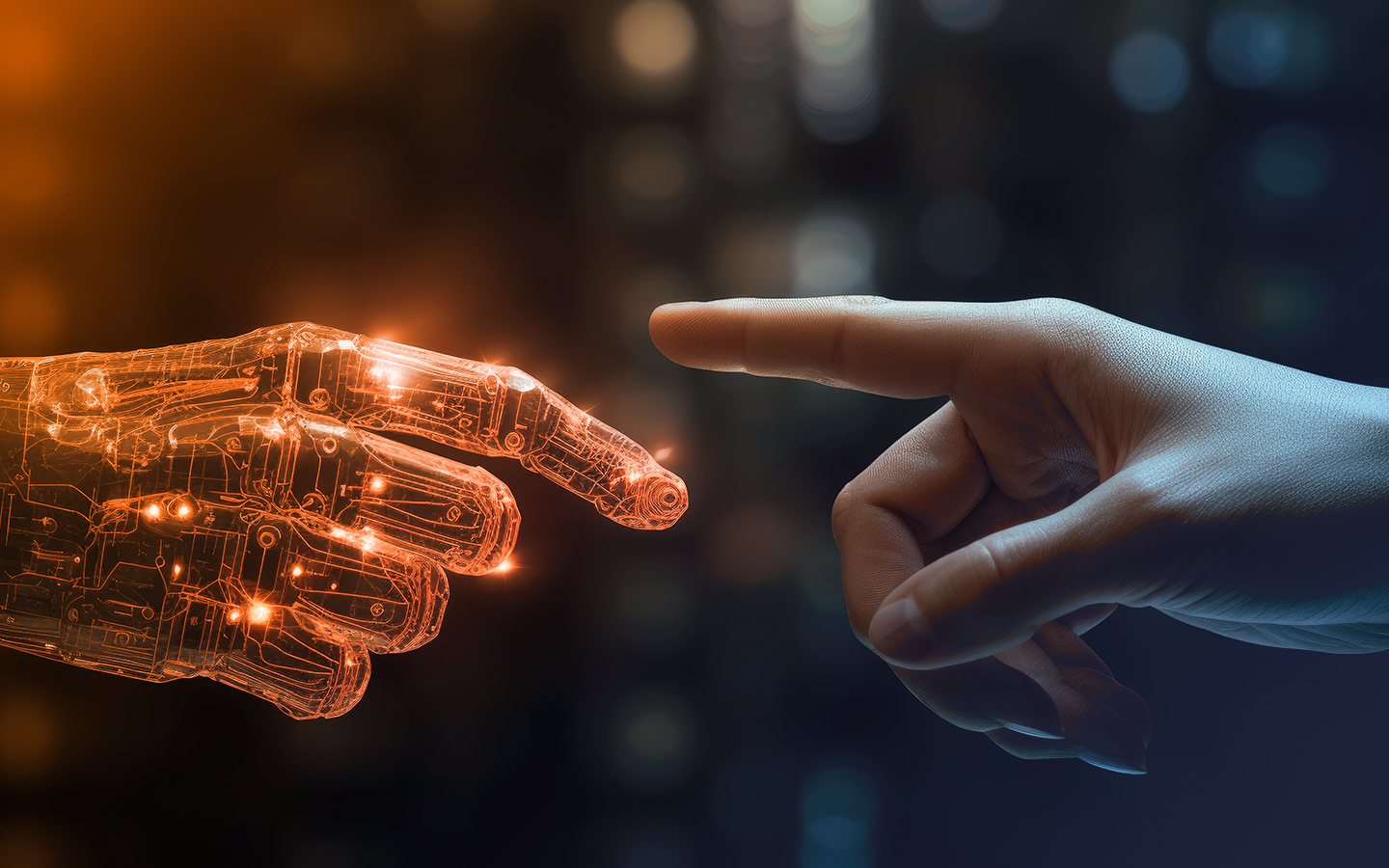 Menschliche Hand berührt orangene Cyberhand (Michelangelo - Die Erschaffung Adams)
