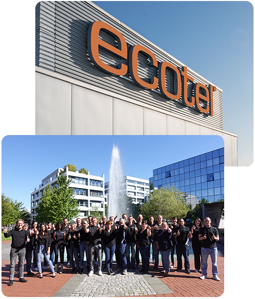 Dieses Bild zeigt die ecotel Zentrale mit dem Prinzenbrunnen in Düsseldorf und dem ecotel Team, welches an großartigen B2B Kommunikationslösungen arbeitet