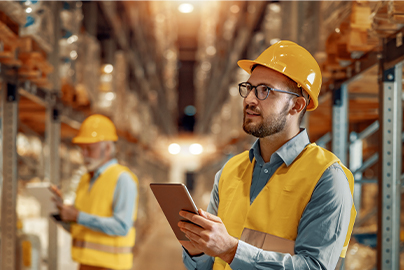 Mitarbeiter eines mittelständischen Bauunternehmens mit Tablet in der Hand