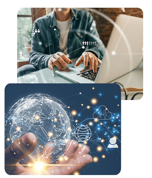 Digitale Vernetzung und moderne Technologien: Person arbeitet am Laptop mit virtuellen Netzwerksymbolen, darunter dargestellt globale Datenübertragung, weltweite Kommunikation