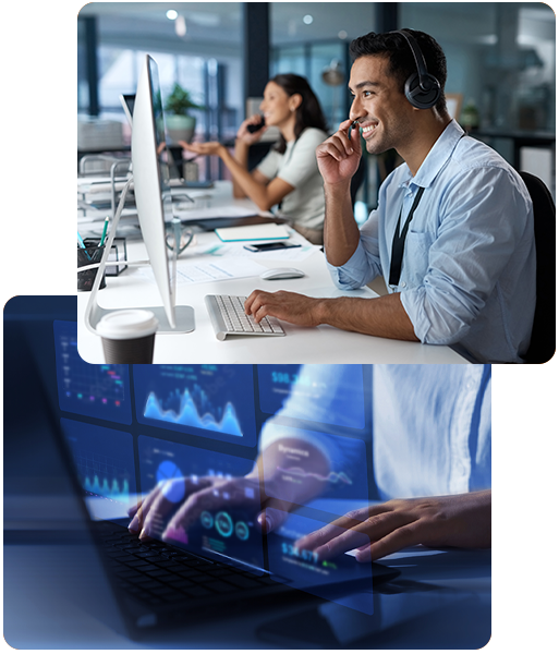 Das Foto zeigt freundliche CallCenter Mitarbeiter (m/w/d) bei der Arbeit mit cloud.phone inkl. dem CallCenter Addon und Servicerufnummern. 