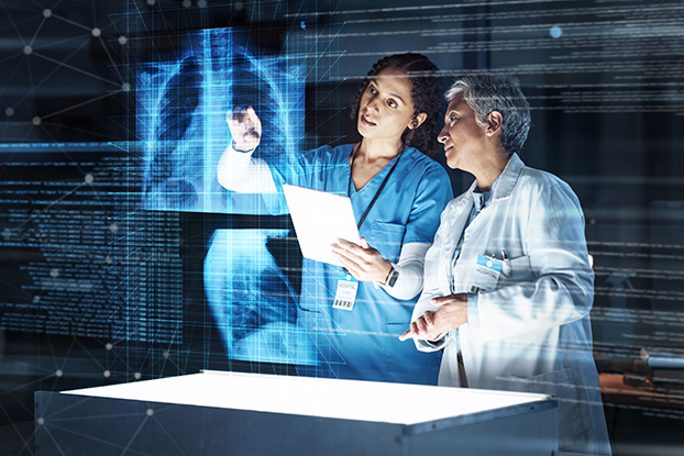 Das Beitragsbild des ecotel Healthcare Branchenportals zeigt medizinisches Fachpersonal bei der Arbeit mit digitalen 3D Diagnosesystemen. Cloud Anwendungen und Glasfasernetzwerke.